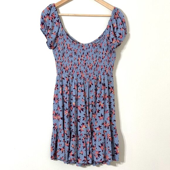 Angie Smocked Tiered Floral Dress Periwinkle Blue Ruffle Boho Tropical Festival - Picture 4 of 12